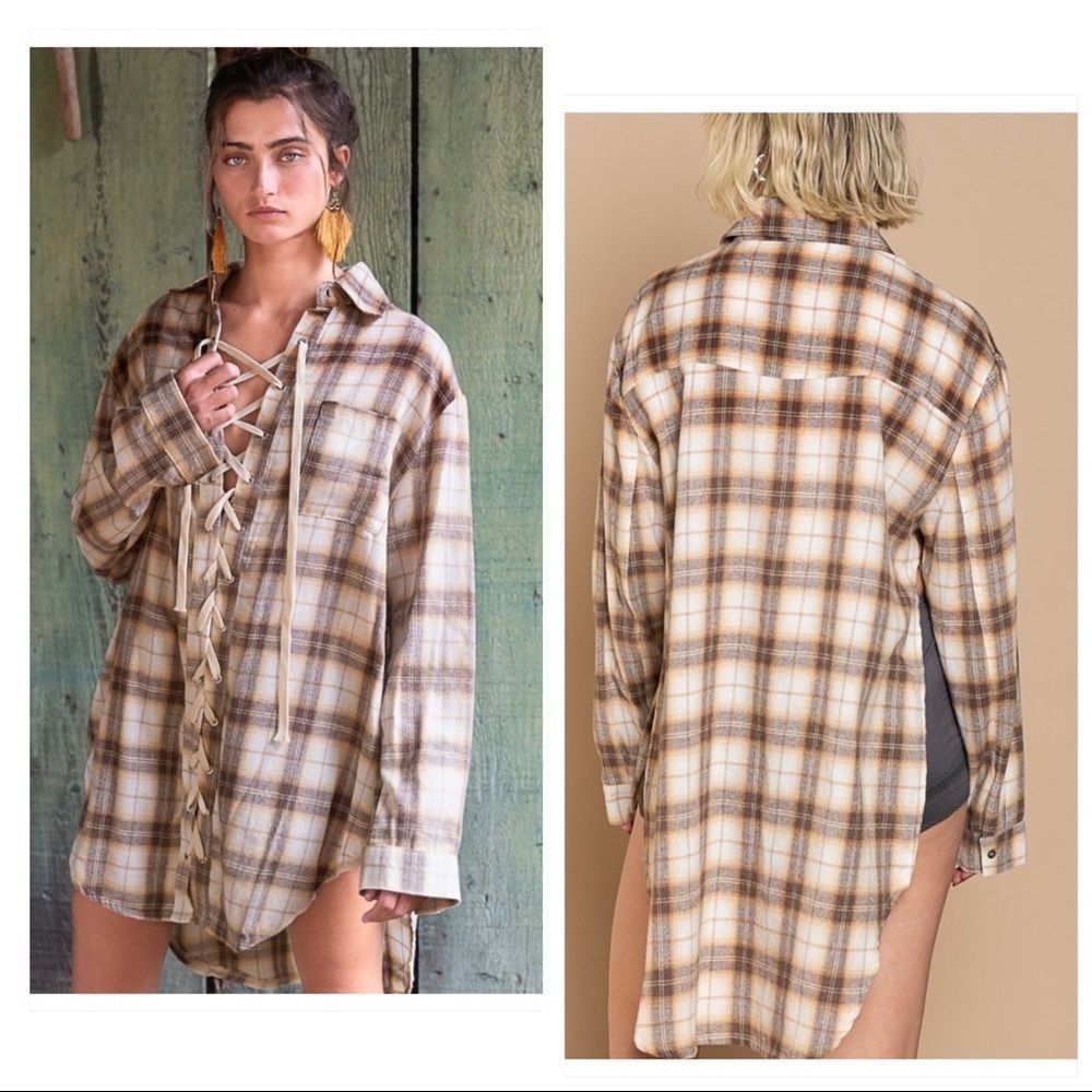𝅺pol Boho Brown multi Lace Up Front Shirt - Picture 4 of 16